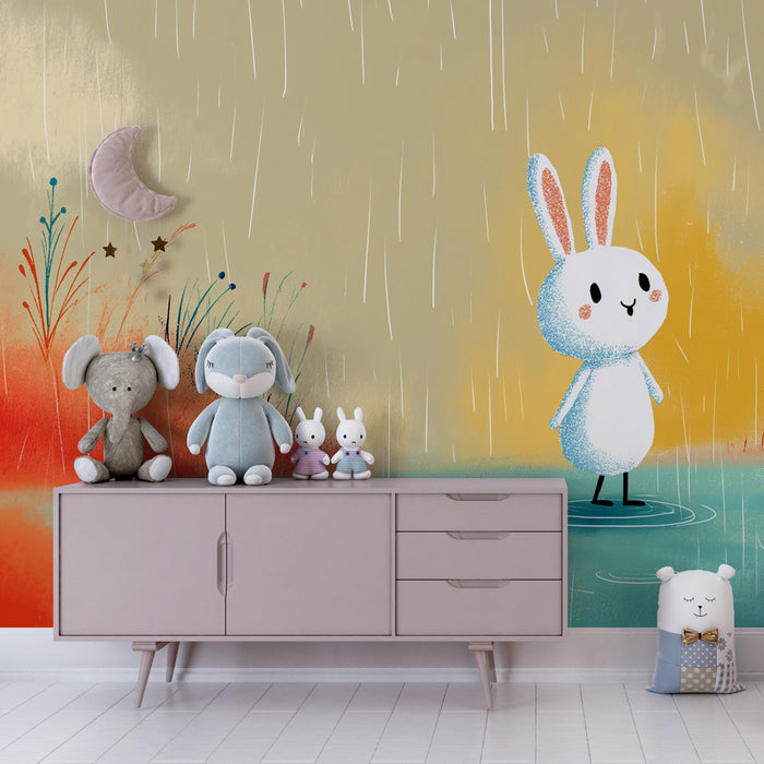 Kinderzimmer Tapete | Hase im magischen Regen