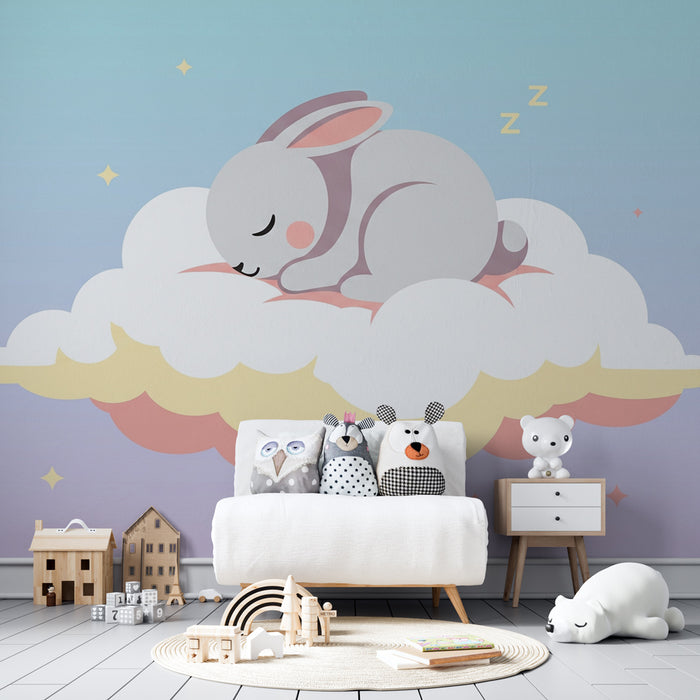 Papier peint chambre enfant | Lapin endormi sur un nuage