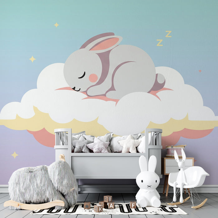 Papier peint chambre enfant | Lapin endormi sur un nuage