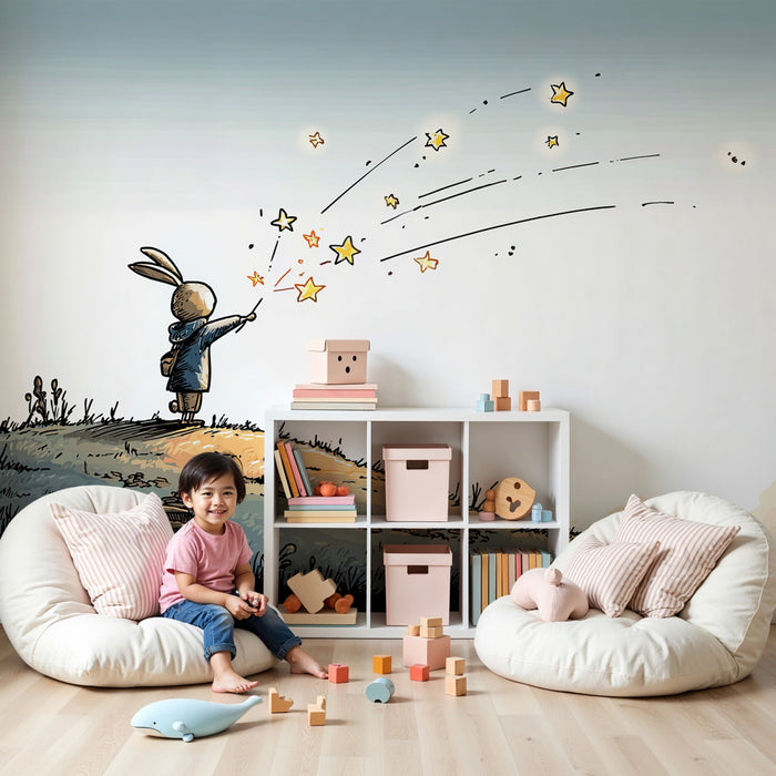 Carta da parati bambini | Coniglio magico e stelle scintillanti