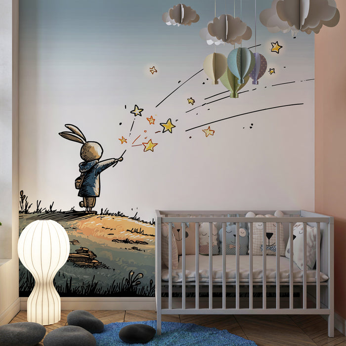 Carta da parati bambini | Coniglio magico e stelle scintillanti