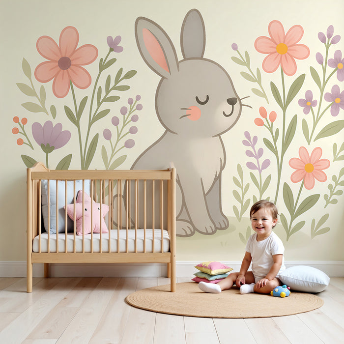 Kinderzimmer Tapete | Niedliches Kaninchen unter Blumen