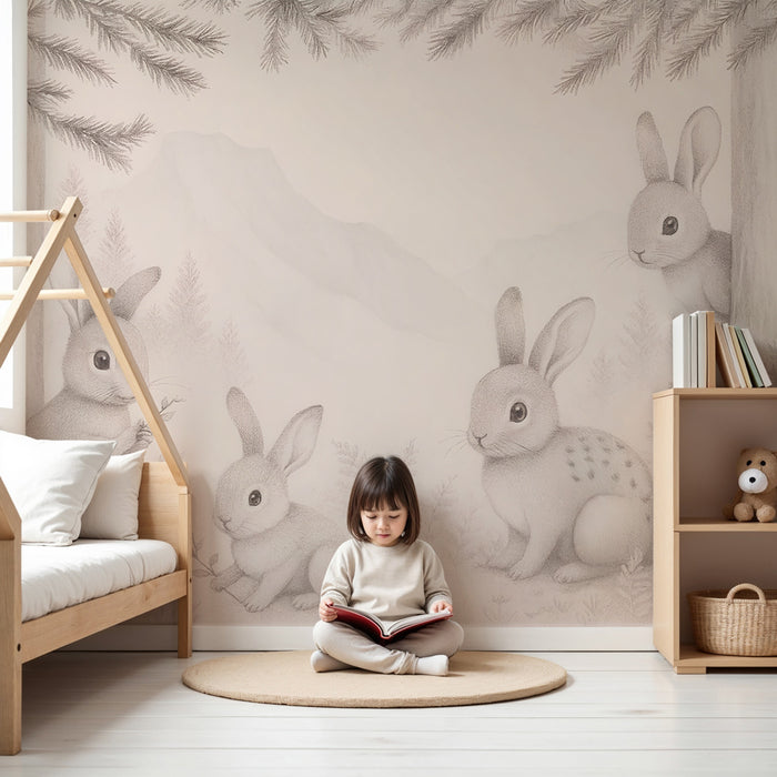 Kids room wallpaper | Zajci v mirni gozdni jasi