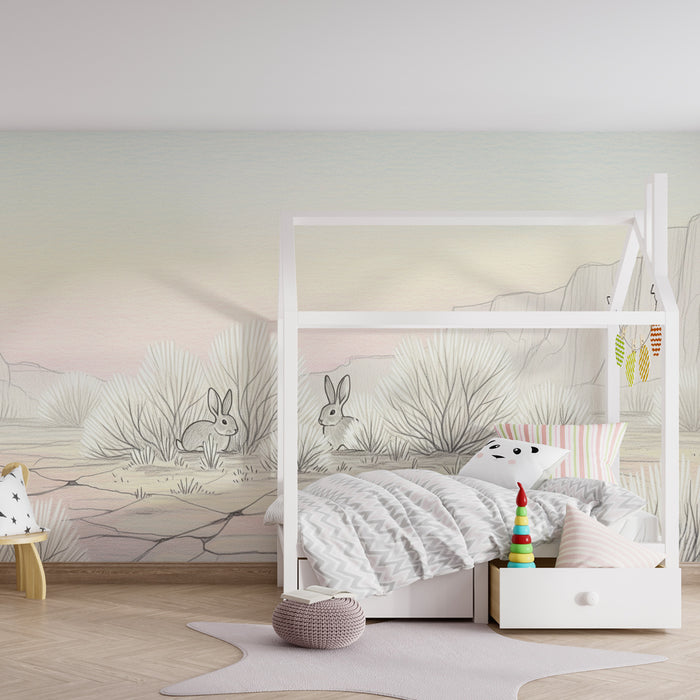 Kinderzimmer Tapete | Hasen in einer sanften und wüsten Landschaft