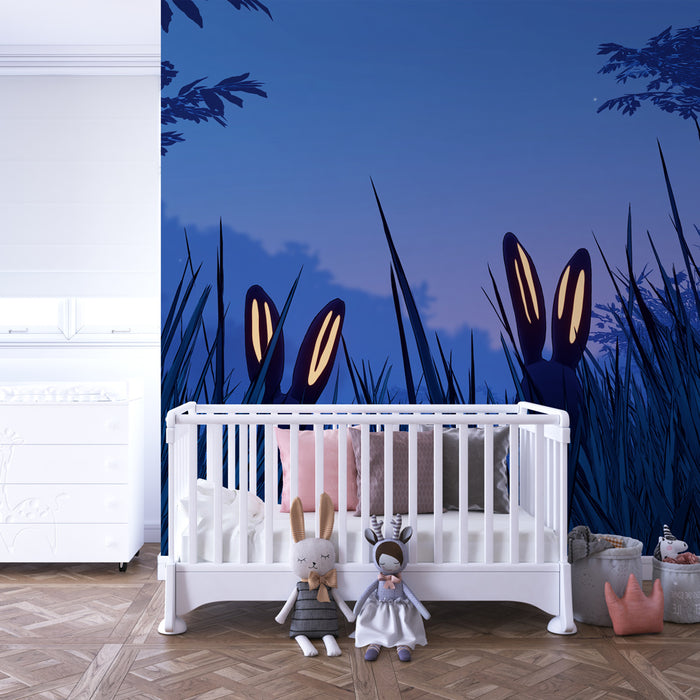 Papier peint chambre enfant | Lapins mystérieux sous la lune