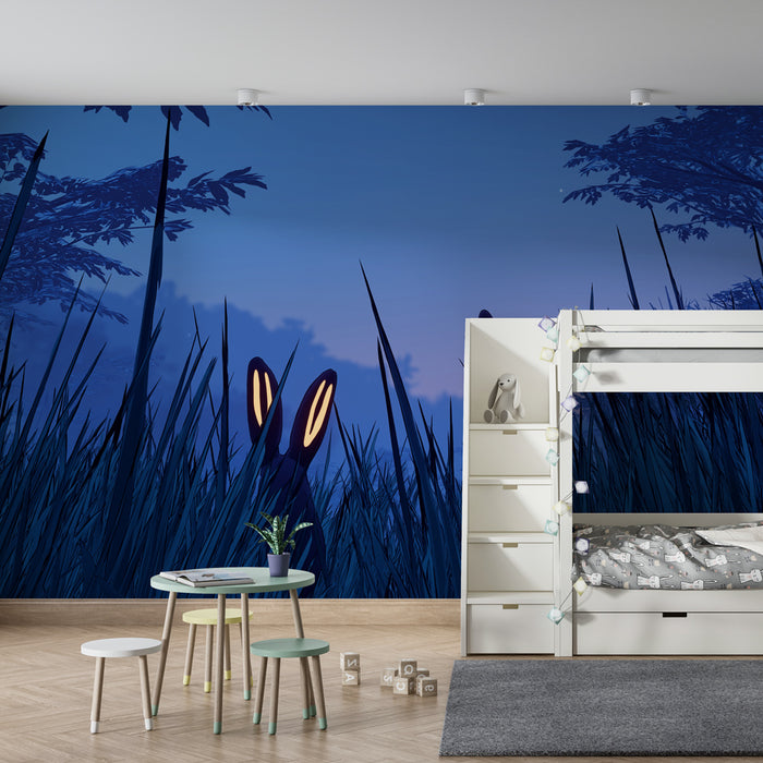 Papier peint chambre enfant | Lapins mystérieux sous la lune