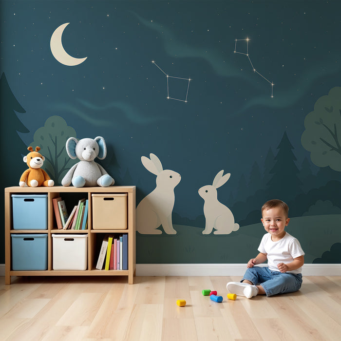 Kids room wallpaper | Lapins under a starry sky