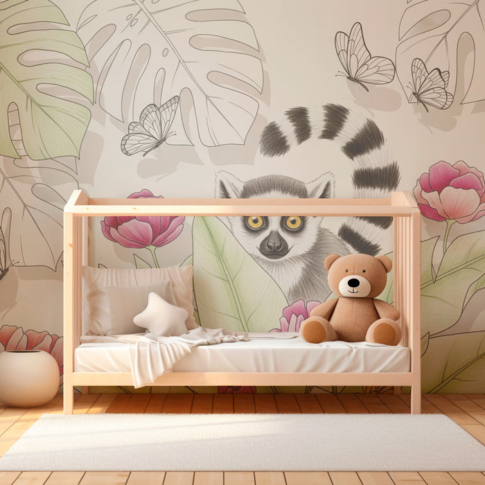 Papel pintado infantil | Lémur curioso en el corazón de una jungla floral