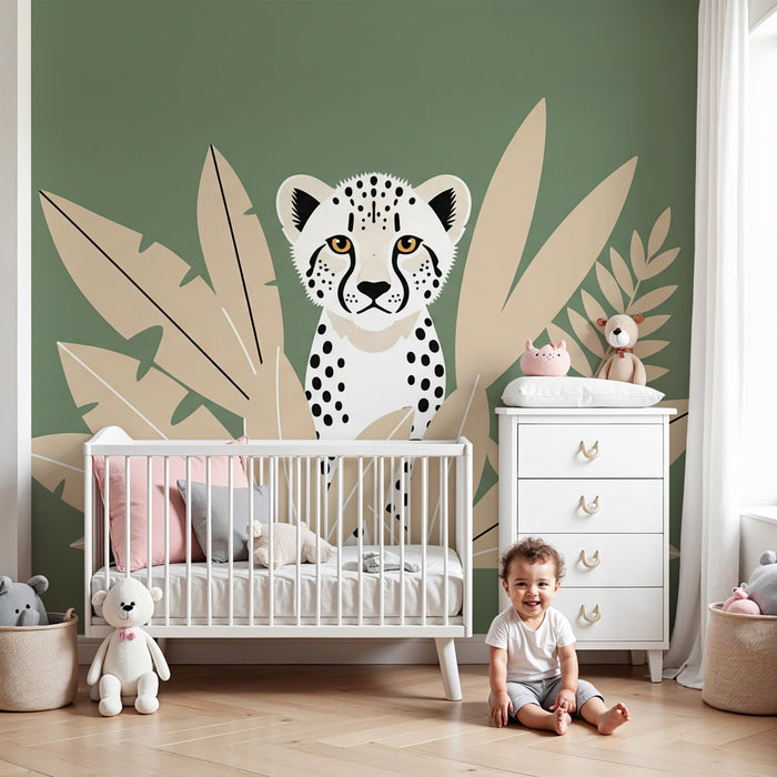 Papel pintado infantil | Leopardo blanco con hojas beige y fondo verde salvia