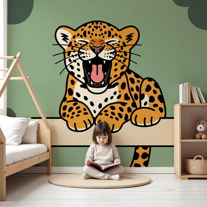 Carta da parati bambini | Leopardo giocoso sul suo ramo