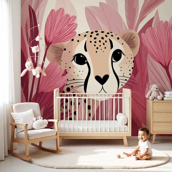 Tapety dla dzieci | Leopard i tropikalne kwiaty