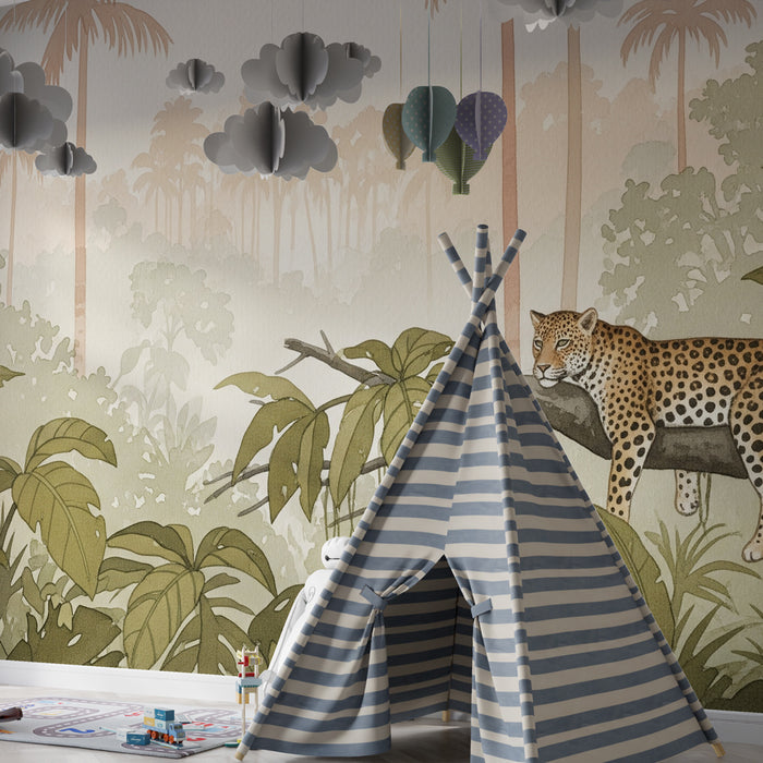Papier peint chambre enfant | Léopard paisible dans une jungle luxuriante