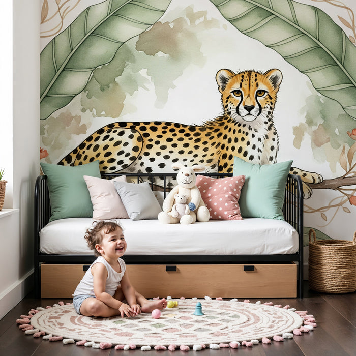 Papel de parede criança | Leopardo tranquilo sob as folhas