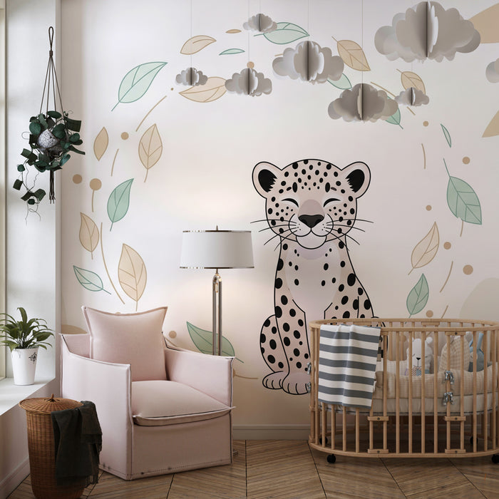 Papier peint chambre enfant | Léopard souriant au milieu de la jungle
