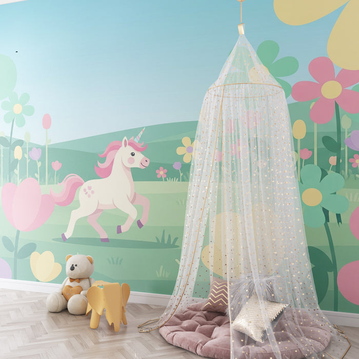 Papel de parede criança | Licorne într-o grădină înflorită