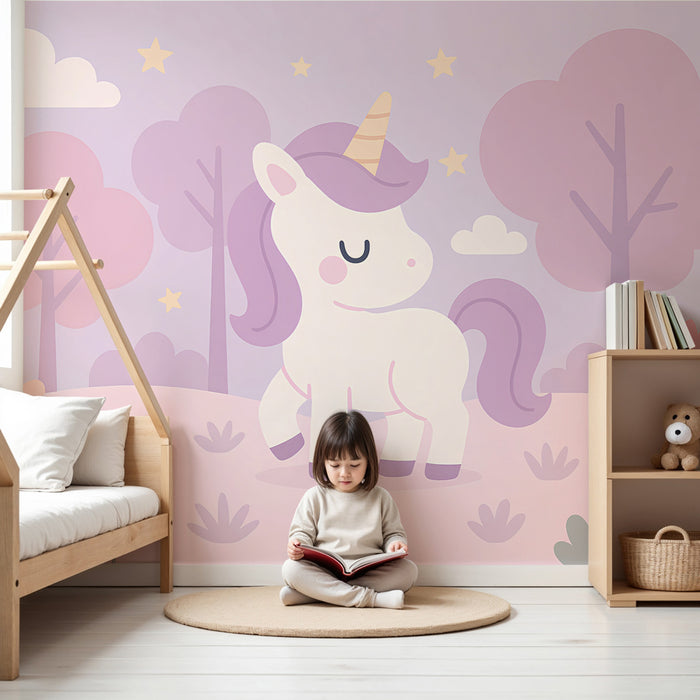 Papel pintado infantil | Unicornio encantado en un paisaje mágico