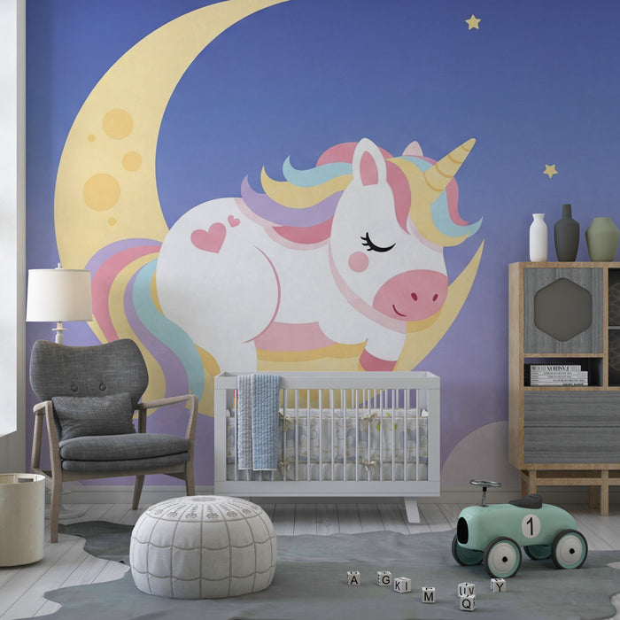 Tapet pentru camera copilului | Unicorn adormit pe o semilună