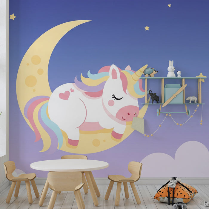 Tapet pentru camera copilului | Unicorn adormit pe o semilună