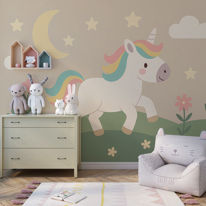 Kinderzimmer Tapete | Feenhaftes Einhorn in einer verzauberten Welt