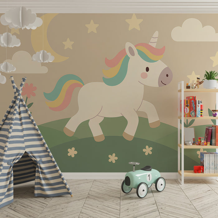Kinderzimmer Tapete | Feenhaftes Einhorn in einer verzauberten Welt