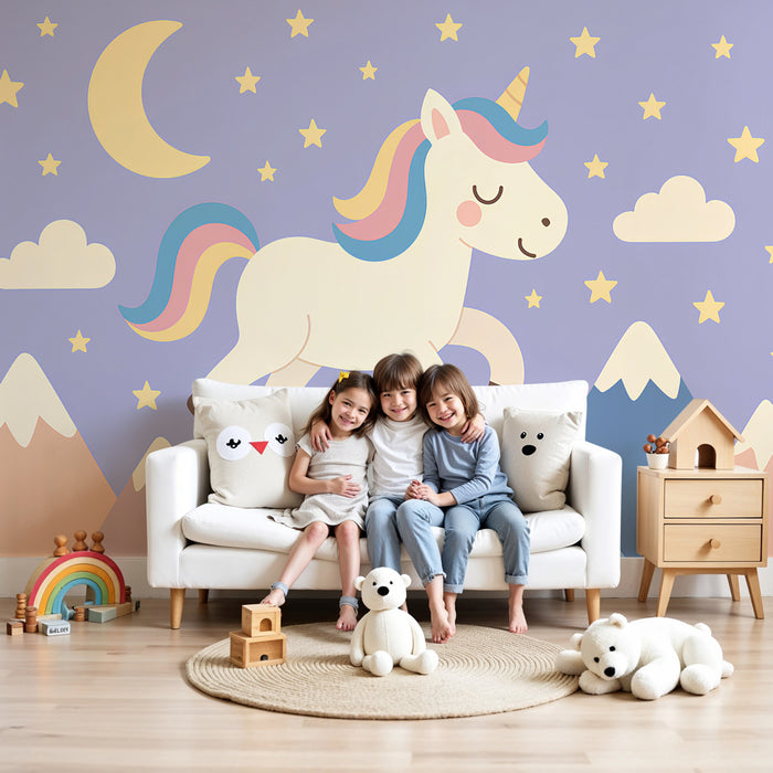 Kids room wallpaper | Floating unicorn and starry sky