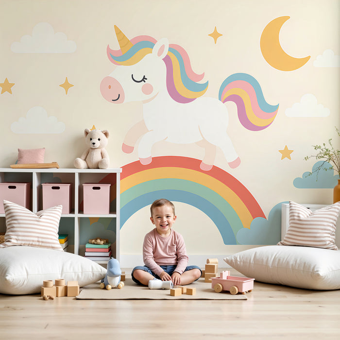 Kids room wallpaper | Õnnelik ükssarv ja vikerkaar