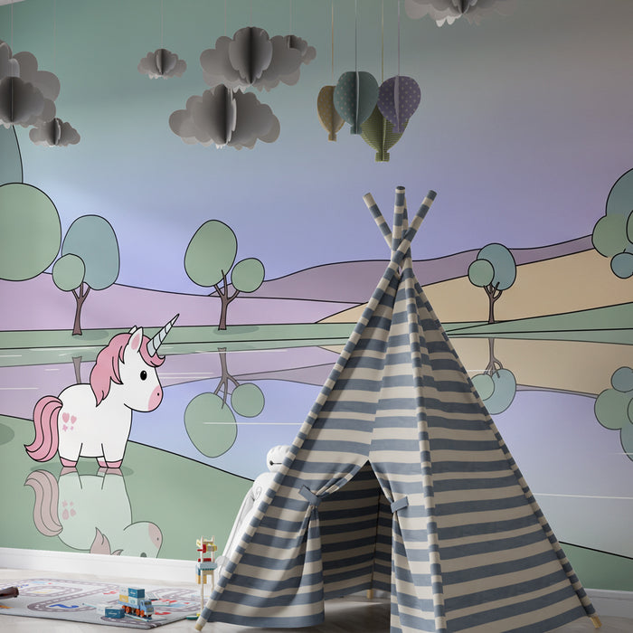 Tapet pentru camera copilului | Unicorn magic la marginea apei