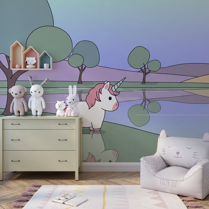 Tapet pentru camera copilului | Unicorn magic la marginea apei
