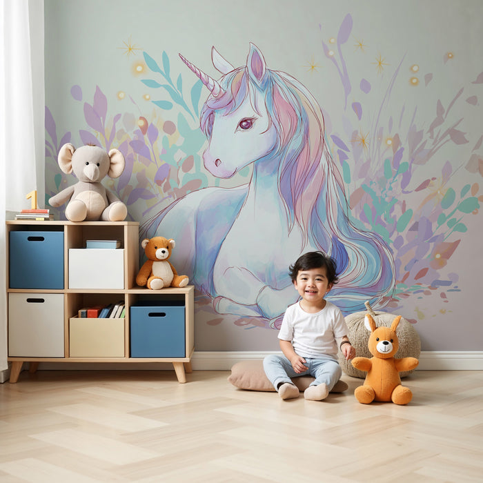 Tapet pentru cameră de copii | Unicorn magic și frunziș dulce