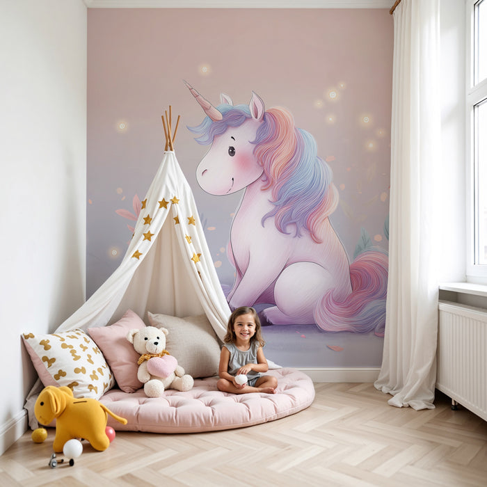 Tapet camera copil | Unicorn pastel și natură fermecătoare
