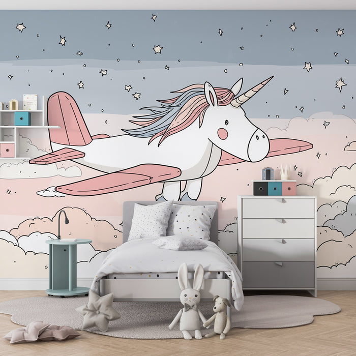 Kids room wallpaper | Unicorn pilot in a starry sky