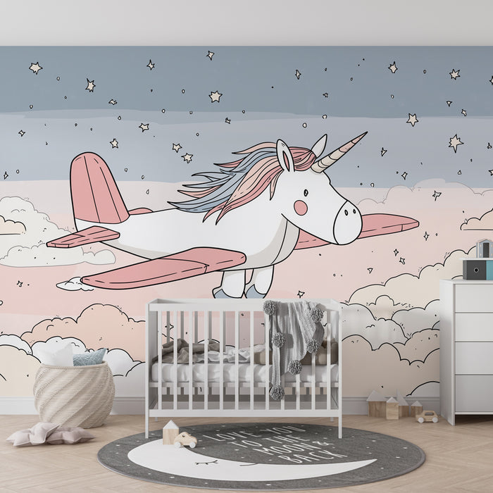 Kids room wallpaper | Unicorn pilot in a starry sky