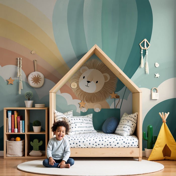 Papel pintado infantil | León en un globo aerostático sobre las nubes