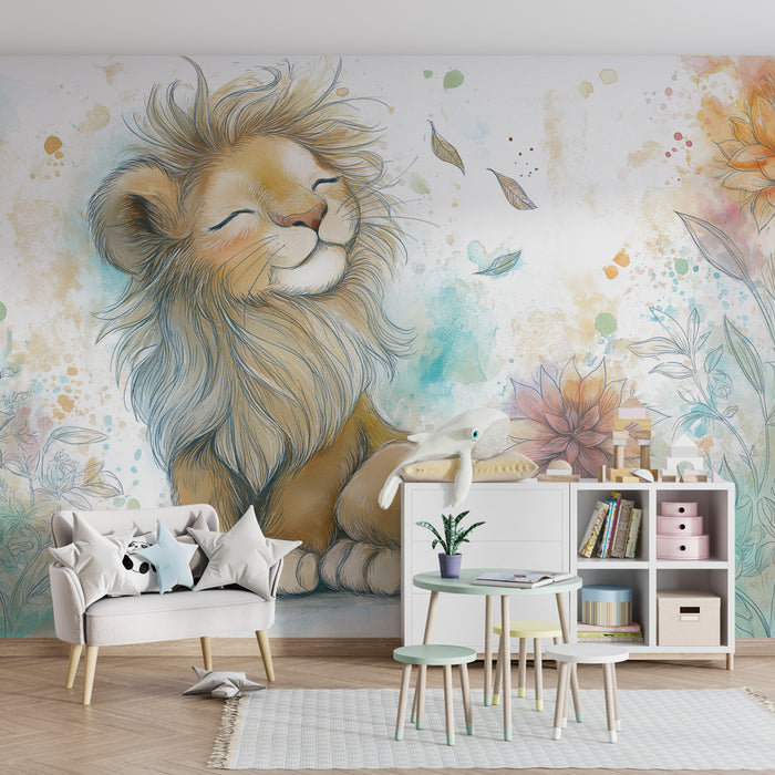 Papel pintado infantil | León feliz en un jardín florido