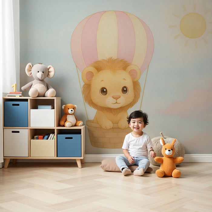 Papier peint chambre enfant | Lion mignon en montgolfière