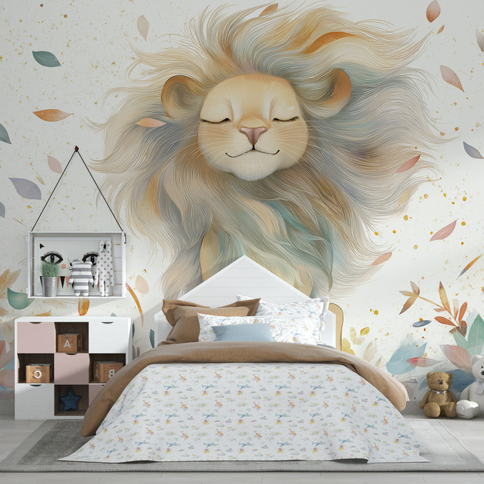 Kids room wallpaper | Peaceful lion surrounded by foliage
