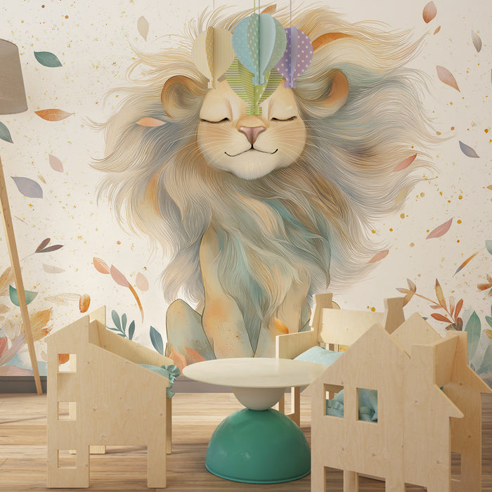 Kids room wallpaper | Peaceful lion surrounded by foliage