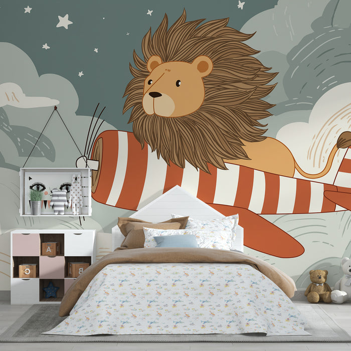 Papier peint chambre enfant | Lion pilote insouciant dans le ciel
