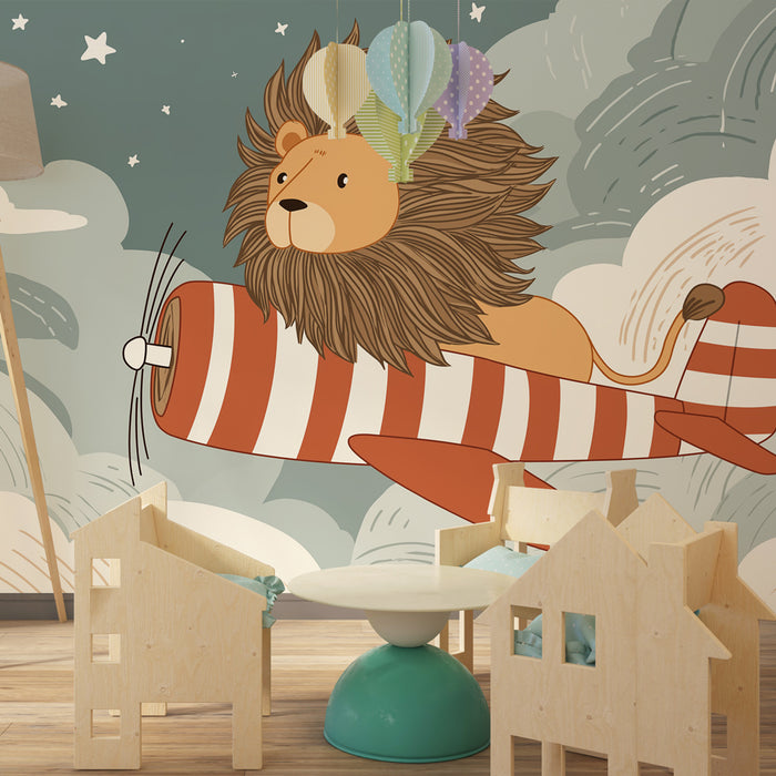 Papier peint chambre enfant | Lion pilote insouciant dans le ciel