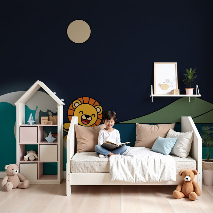 Papier peint chambre enfant | Lion surfeur dans la nuit étoilée