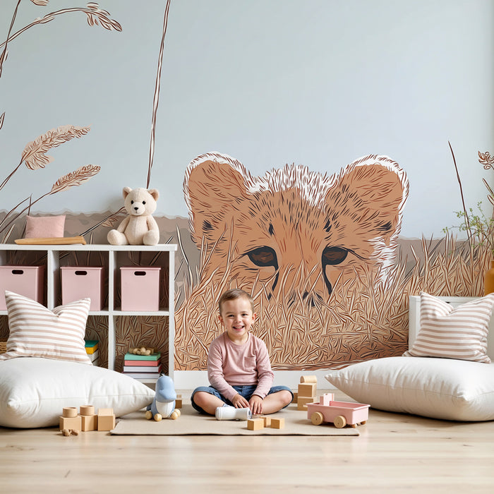 Kinderzimmer Tapete | Neugieriges Löwenjunges in der Natur