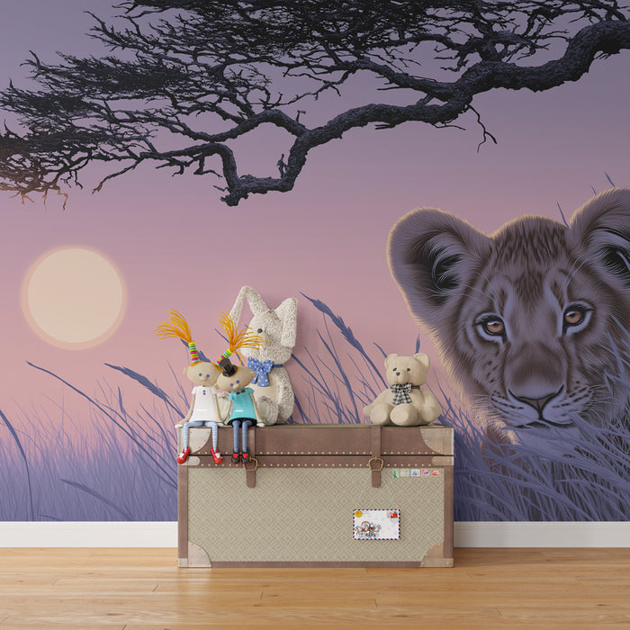 Kinderzimmer Tapete | Löwe in der Savanne bei Sonnenuntergang