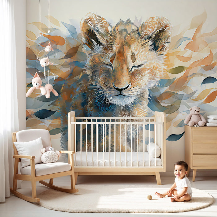 Kids room wallpaper | Lion cub in a colorful world