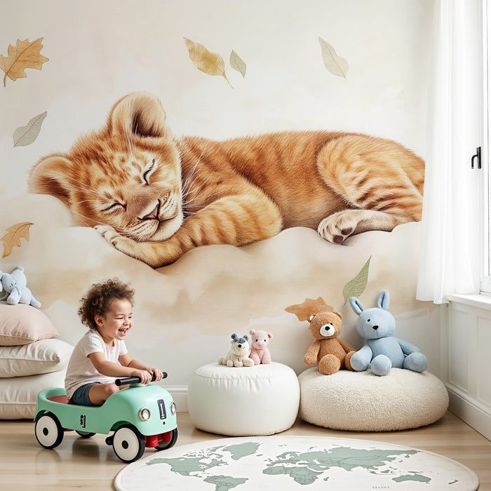 Papier peint chambre enfant | Lionceau endormi parmi les feuilles