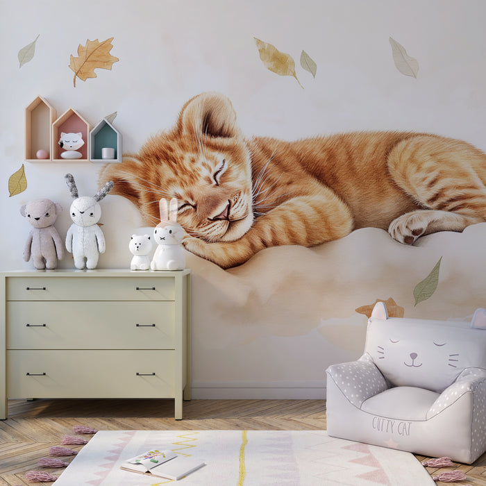 Papel pintado infantil | Cachorro de león dormido entre las hojas