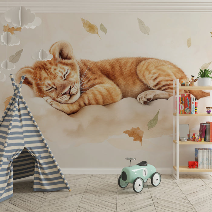 Papel pintado infantil | Cachorro de león dormido entre las hojas