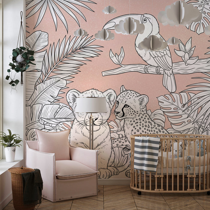 Kinderkamer behang | Leeuwenwelp en luipaard in de jungle