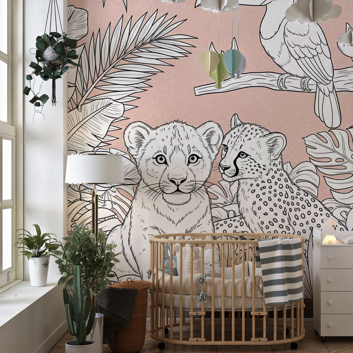 Kinderkamer behang | Leeuwenwelp en luipaard in de jungle