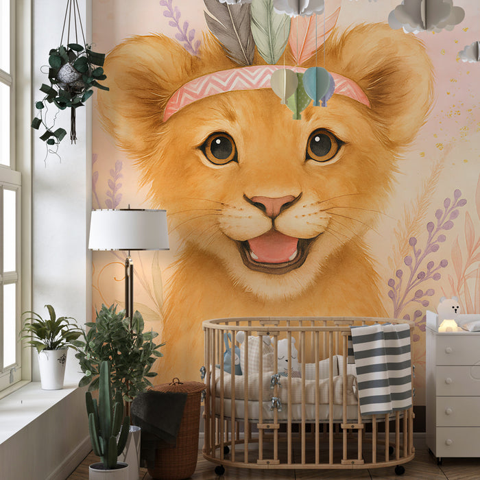 Kids room wallpaper | Happy lion cub and floral patterns