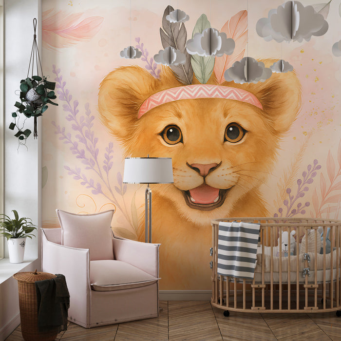 Kids room wallpaper | Happy lion cub and floral patterns